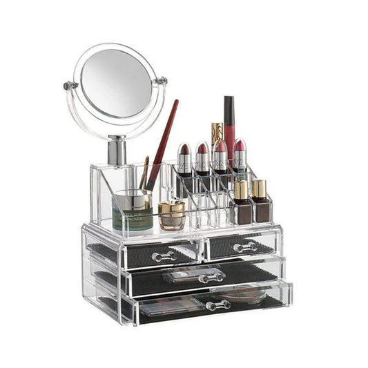 Organisateur de maquillage polyvalent en acrylique -4 tiroirs avec miroir