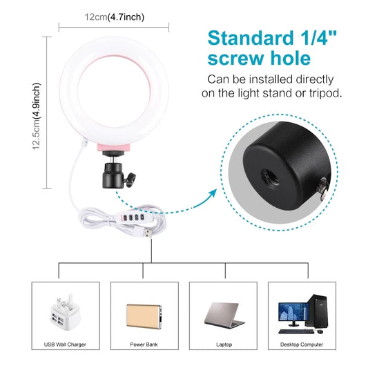 12cm LED Ring Light 3 Modes USB Dimmable Selfie Beauty